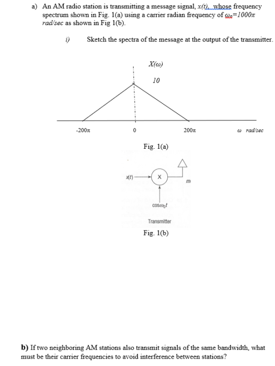 a) An AM radio station is transmitting a message signal, x(thwhose frequency spectrum shown in Fig. 1(a) using a carrier radi