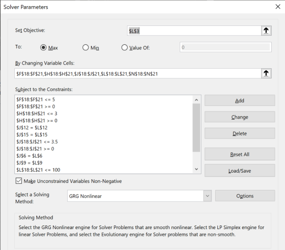 Solver Parameters Set Objective: $L$3 To: O Max O Min O Value of: By Changing Variable Cells: $F$18:$F$21, $H$18:$H$21, $J$18