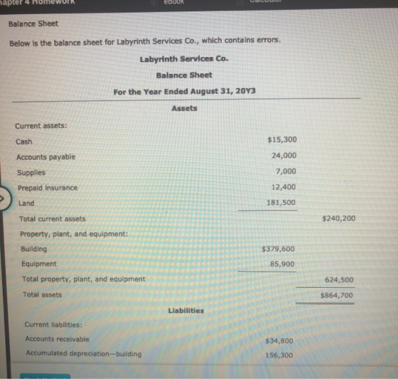 hapter 4 ebook Balance Sheet Below is the balance sheet for Labyrinth Services Co., which contains errors. Labyrinth Services
