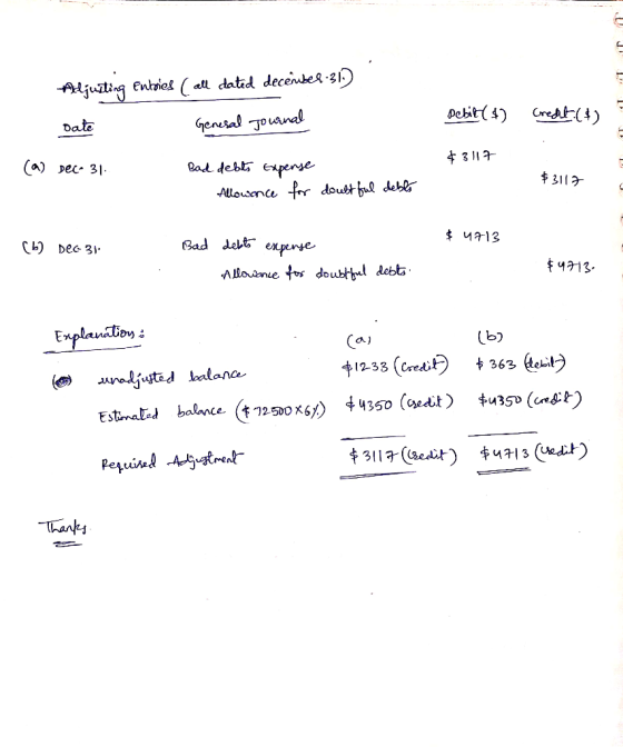 Ajuting Enliet ( a datad decemkes-3 Debit ) Ct4 General ouanal date Bad debt Expense a) pec 31 $3113 Allousance fr doubthul d