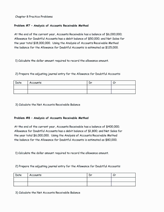 Chapter 8 Practice Problems Problem #7 - Analysis of Accounts Receivable Method At the end of the current year, Accounts Rece