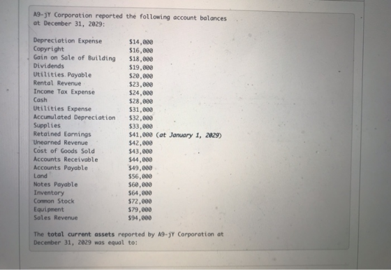 A9-jY Corporation reported the following account balances at December 31, 2029: Depreciation Expense Copyright Gain on Sale o