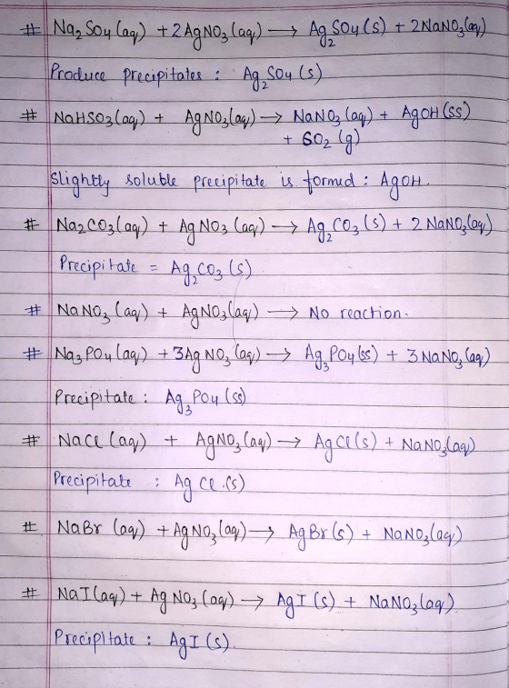 # Na, Soy Cag) + 2Ag No, laq) + Ag Soy (s) + 2NaNO,(0) Produce precipitates : Ag, sou (s) # NaHSO3(aq) + Ag Nozlaq) → Nanoz (