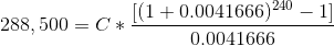 288,500= C*\frac{[(1+0.0041666)^{240}-1]}{0.0041666}