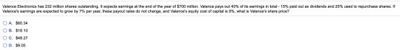 Valence Electronics has 232 million shares outstanding. It expects earnings at the end of the year of $700 million. Valence p