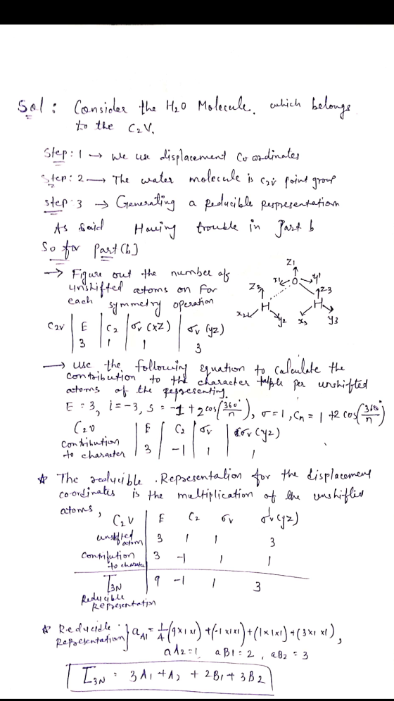 ta 123 Soli Consider the Heo Molecule, which belonge. to the Call Slep: We use displacement Coordinates Step: 2 The water mol