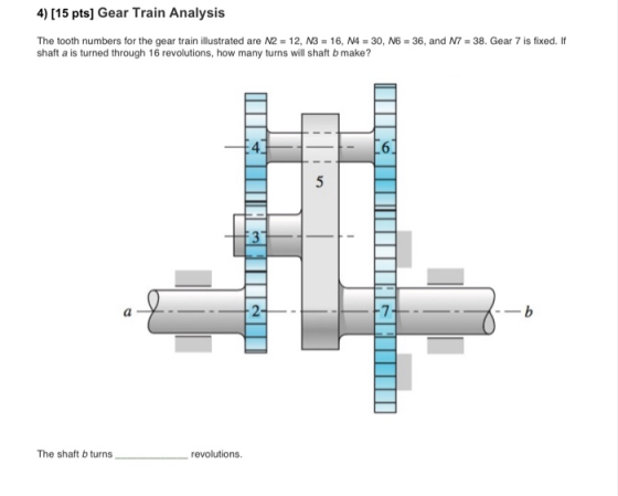 4) [15 pts] Gear Train Analysis The tooth numbers for the gear train illustrated are N2 = 12, N3 = 16, N4 = 30, N6 = 36, and