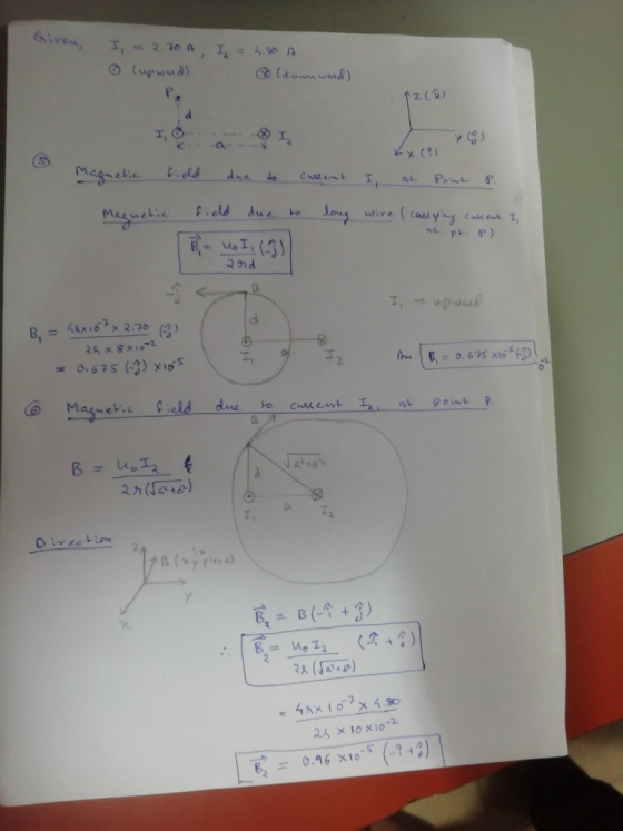 Given, I,- 2.70 A I = 4.90 A ©(upwud) O ldown wand) 12CQ) I, O Magnelie field due de I, Pomt P. field due to long wire ( casr