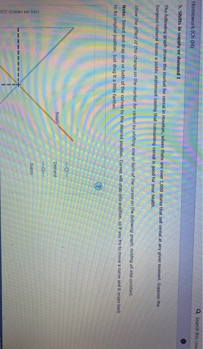Search this cous Homework (Ch 04) 5. Shifts in supply or demand I The following graph shows the market for cereal in Houston,