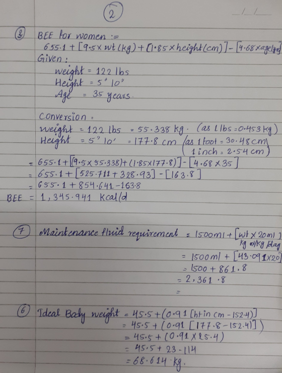 (C) BEE for women := 655.1 + [9.5X wt (kg) + (1185x height(cm)]- [4.68 xagelig Given: weight = 122 lbs Height = 5 10 Age =