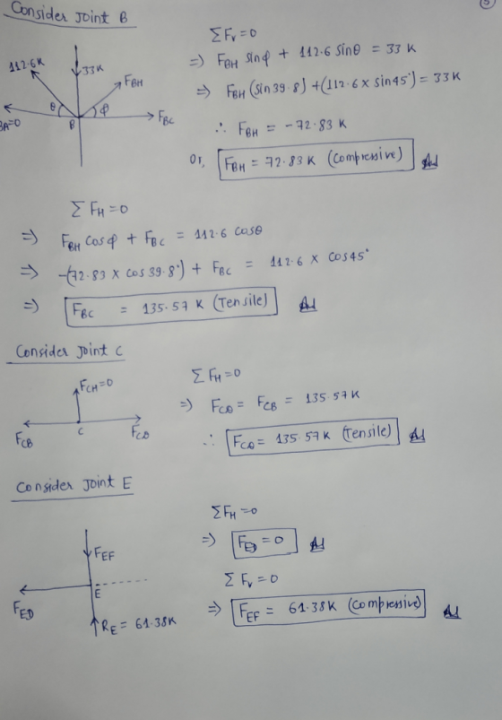 Consider Joint B {Fr=0 =) FBH sind + 112.6 sino = 33K = FRH (Sin 39-8) +(112.6 x sin 45) = 33K FBH BH BATO . Fou = -72.83K o