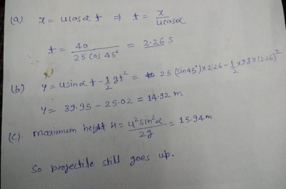 (a) x= ulosat - ? ucosa t = G 40 25 couro = 2.265 (6) 4 = usinat-1 gt² = to 25 (sin45) x 2:26 - 1x38 4= 39.95- 25.02 = 14.92