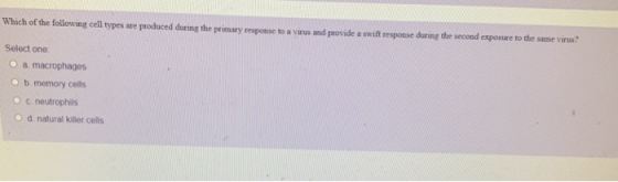 Which of the following cell types are produced during the primary response to a virus and provide a swift response during the