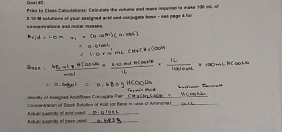 Goal #2: Prior to Class Calculations: Calculate the volume and mass required to mak 0.10 M solutions of your assigned acid an
