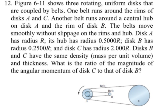 12. Figure 6-11 shows three rotating, uniform disks that are coupled by belts. One belt runs around the rims of disks A and C