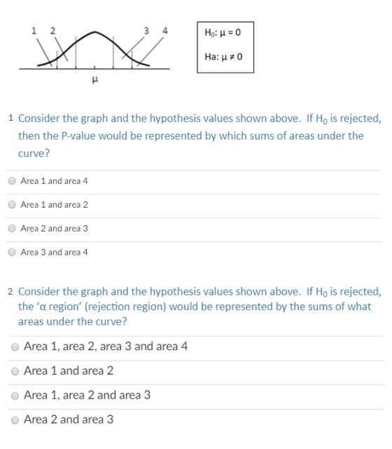 Ho: μ:0 на: +0 1 Consider the graph and the hypothesis values shown above. If Ho is rejected, then the P-value would be repre