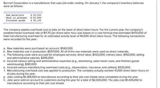 Bunnell Corporation is a manufacturer that uses job-order costing. On January 1, the companys inventory balances were as follows: Raw materialsS Work in process 25,000 Finished goods38,100 ş 50,500 The company applies overhead cost to jobs on the basis of direct labor-hours. For the current year, the companys predetermined overhead rate of $11.75 per direct labor-hour was based on a cost formula that estimated $470,000 of total manufacturing overhead for an estimated activity level of 40,000 direct labor-hours. The following transactions were recorded for the year: a. Raw materials were purchased on account, $592,000. b. Raw materials use in production, $557,000. All of of the raw materials were used as direct materials. c. The following costs were accrued for employee services: direct labor, $420,000; indirect labor, $150,000; selling and administrative salaries, $295,000 d. Incurred various selling and administrative expenses (e.g., advertising, sales travel costs, and finished goods warehousing), $381,000. e. Incurred various manufacturing overhead costs (e.g., depreciation, insurance, and utilities), $320,000. f. Manufacturing overhead cost was applied to production. The company actually worked 41,000iect labor-hours on all jobs during the year. g. Jobs costing $1,399,450 to manufacture according to their job cost sheets were completed during the year. h. Jobs were sold on account to customers during the year for a total of $2,925,000. The jobs cost $1,409,450 to manufacture according to their job cost sheets