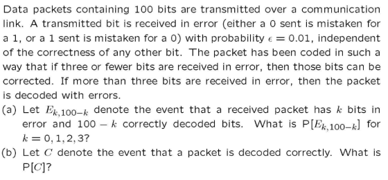 Data packets containing 100 bits are transmitted over a communication link. A transmitted bit is received in error (either a