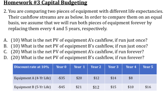 Homework #3 Capital Budgeting 2. You are comparing two pieces of equipment with different life expectancies. Their cashflow s