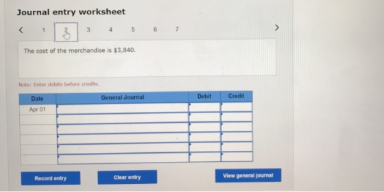Journal entry worksheet < 1 3 4 5 6 7 The cost of the merchandise is $3,840. Note: Enter debits before credits. Date General