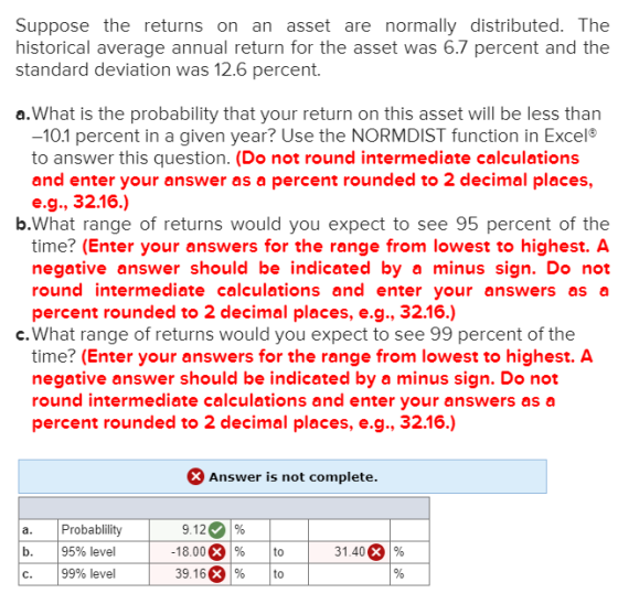 Suppose the returns on an asset are normally distributed. The historical average annual return for the asset was 6.7 percent
