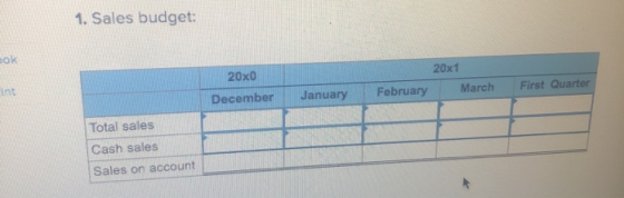 1. Sales budget: OK 20x0 December 20x1 March January February First Quarter Total sales Cash sales Sales on account
