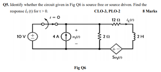 Q5. Identify whether the circuit given in Fig Q6 is source free or source driven. Find the response i: (t) for t> 0. CLO-3, P