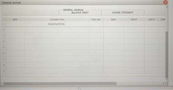 General Journal GENERAL JOURNAL BALANCE SHEET INCOME STATEMENT DATE POST. REF. DEBIT CREDIT ASSETS LIABI ACCOUNT TITLE Adjust