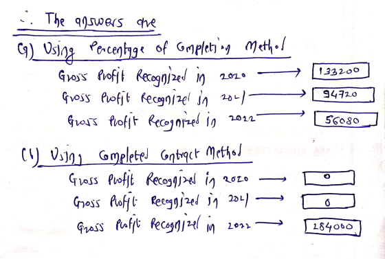 7 1 33200 94720 ] 5 colo The answers are G) Using Percentage of completing Method Gross Profil Recognized in 2020 - Gross P