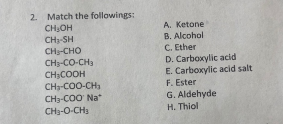 2. Match the followings: CH3OH CH3-SH CH3-CHO CH3-CO-CH3 CH3COOH CH3-COO-CH3 CH3-C00 Nat CH3-O-CH3 A. Ketone B. Alcohol C. Et