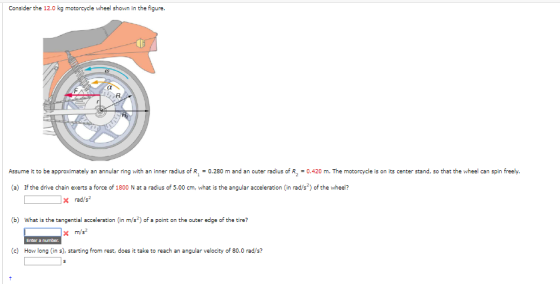 Consider the 12.0 kg motorcycle wheel shown in the figure. Assume it to be approximately an annular ring with an inner radius