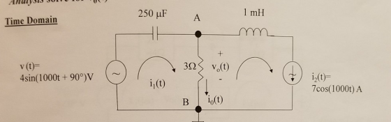 ANUIUIJ JITU TUT 250 uF A 1 mH Time Domain v(t)= 4sin(1000t + 90°)V 393 vo(t) i(t) i (t)= 7cos(1000) A Bi(t)