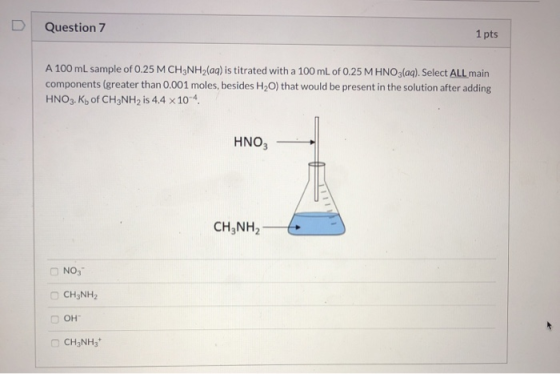 Question 7 1 pts A 100 mL sample of 0.25 M CH3NH2(aq) is titrated with a 100 ml. of 0.25 M HNO3(aq). Select ALL main componen