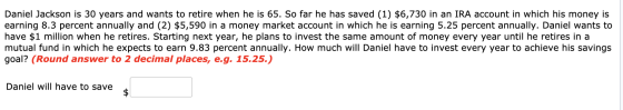 Daniel Jackson is 30 years and wants to retire when he is 65. So far he has saved (1) $6,730 in an IRA account in which his m