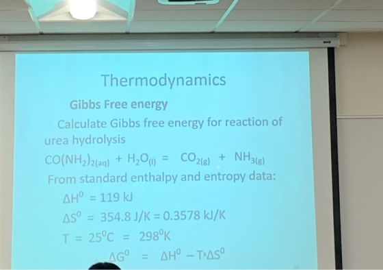 Thermodynamics Gibbs Free energy Calculate Gibbs free energy for reaction of urea hydrolysis CO(NH2)2(aq) + H2O(0) = CO2(g) +
