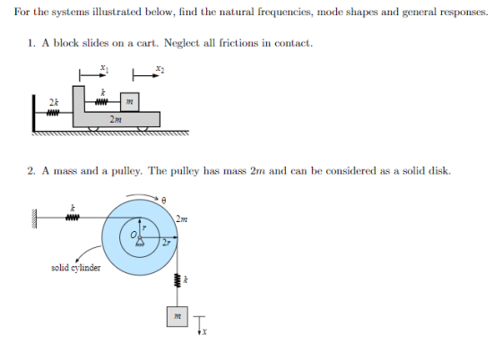 For the systems llustrated below, find the natural frequencies, mode shapes and general responses 1. A block slides on a cart. Neglect all frictions in contact 2R 1 2m 2. A mass and a pulley. The pulley has mass 2m and can be considered as a solid disk 27m solid cylinder 2