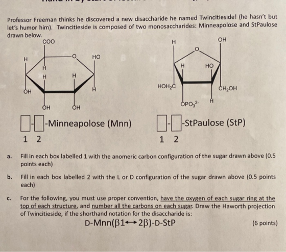 Professor Freeman thinks he discovered a new disaccharide he named Twincitieside! (he hasnt but lets humor him). Twincities