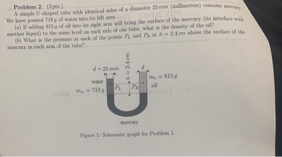 contains mercury Problem 2. (3 pts.). A simple U-shaped tube with identical sides of a diameter 25 mm (millimeters) contains