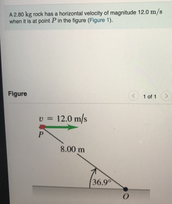 A 2.80 kg rock has a horizontal velocity of magnitude 12.0 m/s when it is at point P in the figure (Figure 1). 1 of 1 Figure