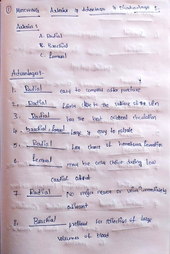 0 MATCHING Arteries & Advantages & Disadvantages a Arteries & A. Radial bad woosha B. Brachial c. femoral t o doba Advantages