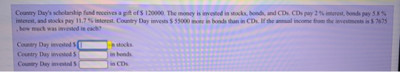 Country Days scholarship fund receives a gift of 120000. The money is invested in stocks, bonds, and CDs. CDs pay 2 % intere