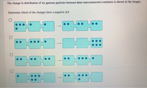 The change in distribution of six gaseous particles between three interconnected containers is shown in the images. Determine