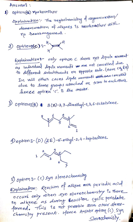 Auswers ) opHone)Markovnikov explaivation The reginchemishy f oxymeruathon demercuration of alkenes is markomukov wit e rearr