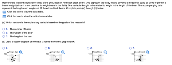 Researchers initiated a long-term study of the population of American black bears. One aspect of the study was to develop a model that could be used to predict a bears weight (since it is not practical to weigh bears in the field). One variable thought to be related to weight is the length of the bear. The accompanying data represent the lengths and weights of 12 American black bears. Complete parts (a) through (d) below ?Click the icon to view the data table EEB Click the icon to view the critical values table (a) Which variable is the explanatory variable based on the goals of the research? OA. The number of bears O B. The weight of the bear ° C. The length of the bear (b) Draw a scatter diagram of the data. Choose the correct graph below O A. Weight (kg) G Weight (kg) Weight (kg) C Length (cm) 18