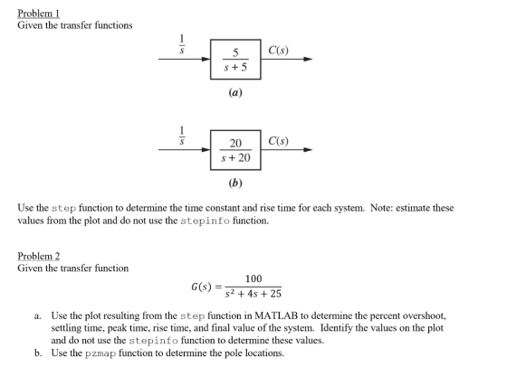 Problem 1 Given the transfer functions e S +5 (a) C(s) 20 S + 20 (b) Use the step function to determine the time constant and