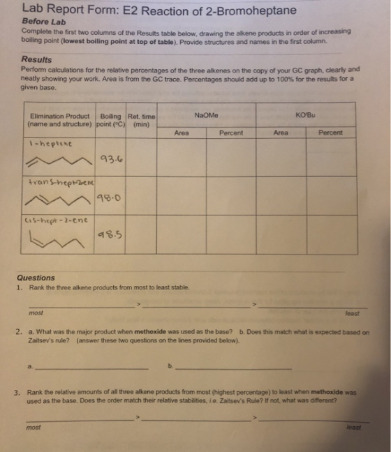 Lab Report Form: E2 Reaction of 2-Bromoheptane Before Lab complete the first two columns of the Results table below. drawing
