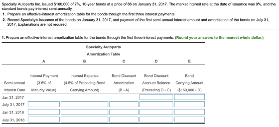 Specialty Autoparts Inc. issued $160,000 of 7%, 10-year bonds at a price of 86 on January 31, 2017. The market interest rate
