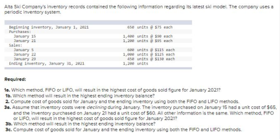 Alta Ski Companys inventory records contained the following information regarding its latest ski model. The company uses a p