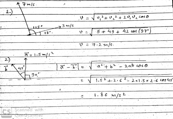 7 m/s V = V 1, 2+, 2+20, U, cos o 3 m/s vag + 49 7 42 cos (970) V 7.2 m/s =jismis? - - a² + 62 - 2ab coso = V1.52+262 2x1.5x2