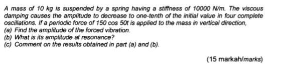 A mass of 10 kg is suspended by a spring having a stiffness of 10000o N/m. The viscous damping causes the amplitude to decrea